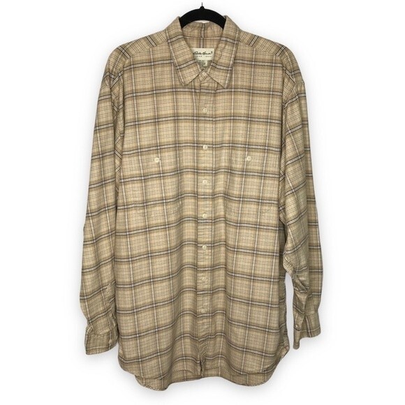 Eddie Bauer Tan Light Brown Plaid Button Front Long Sleeve Shirt Mens Size Large - Picture 1 of 12